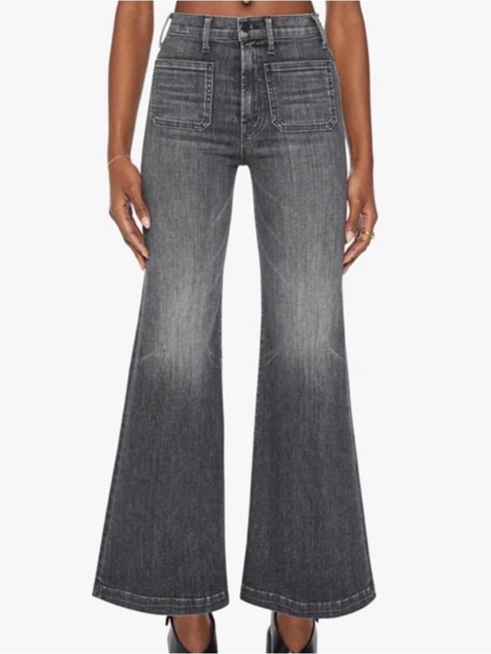 MOTHER Hustler Roller Patch Pocket Skimp Washed Black Wide Leg Jeans Size 26